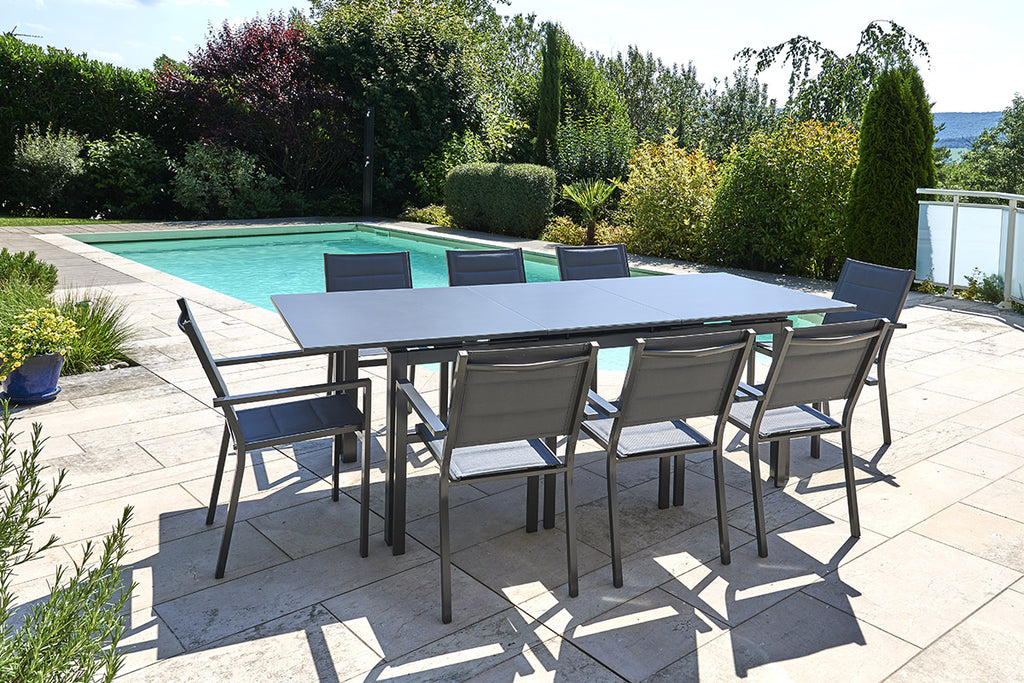 Ensemble repas Ibiza anthracite 6-8 personnes - table et fauteuils
