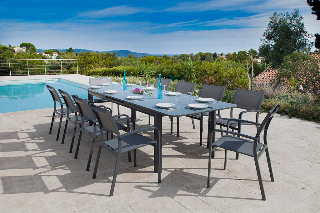 Ensemble repas Milos anthracite 8-10 personnes - table et fauteuils