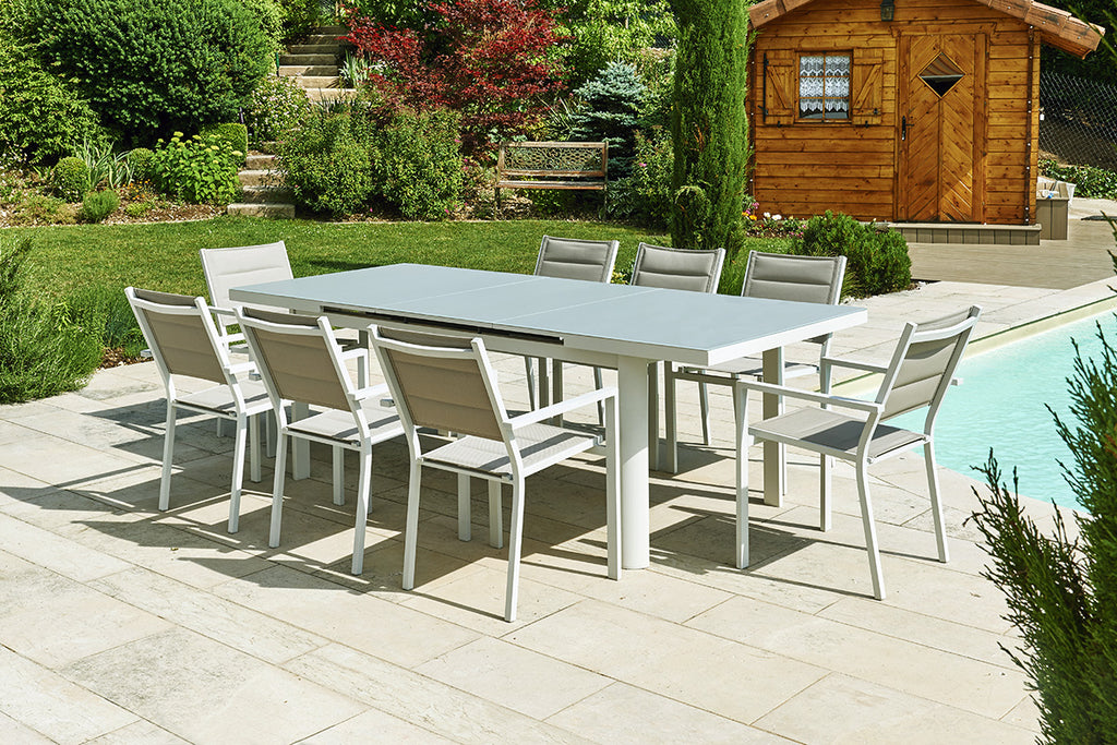 Ensemble repas Ibiza gris perle 8-10 personnes - table et fauteuils