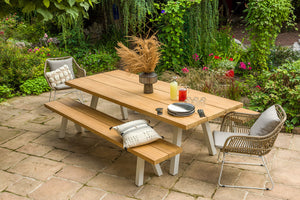 Ensemble table de jardin et banc en teck et aluminium - SEYCHELLES