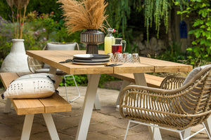 Ensemble table de jardin et banc en teck et aluminium - SEYCHELLES