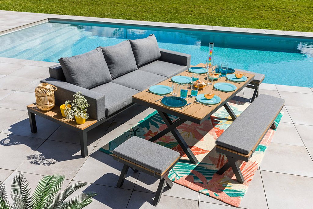 Salon repas en aluminium et teck 5 pièces - GUADELOUPE - 8 pers.