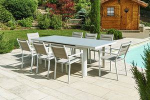 Table de jardin allongeable en aluminium Perle + Plateau verre Texturé Fumé - IBIZA - 8/10 pers.