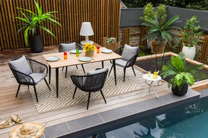 Table de jardin rectangulaire en acier traité et aluminium noir + Plateau teck - COMORES